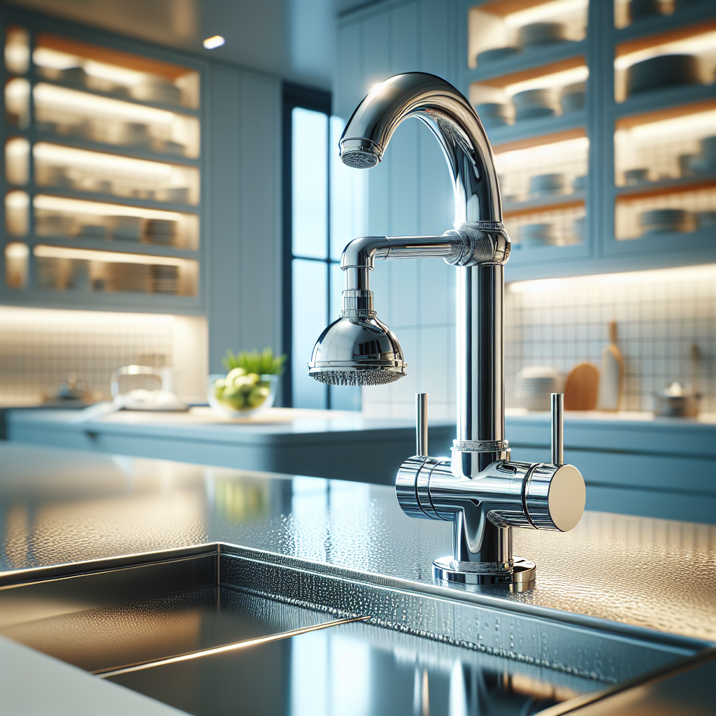 A sparkling clean kitchen showcasing a faucet, showerhead, tiles, and glass surfaces without any buildup.