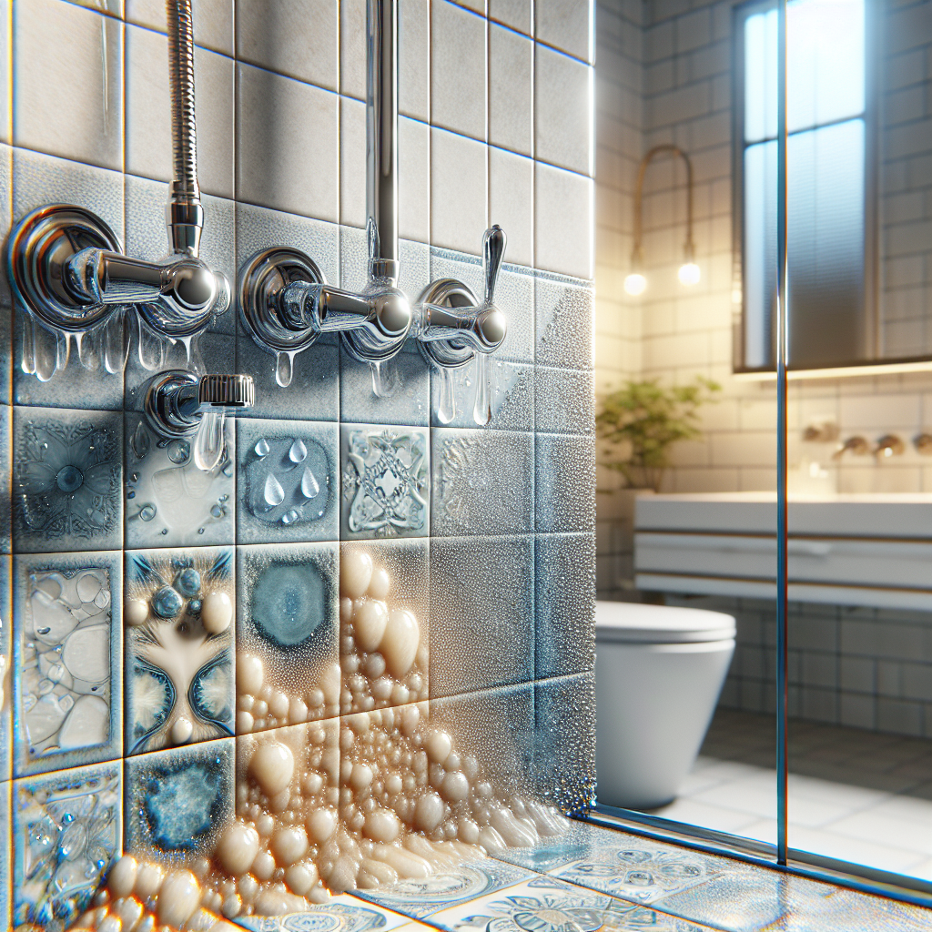 A bathroom close-up showing scaling on faucet, showerhead, and tiles.