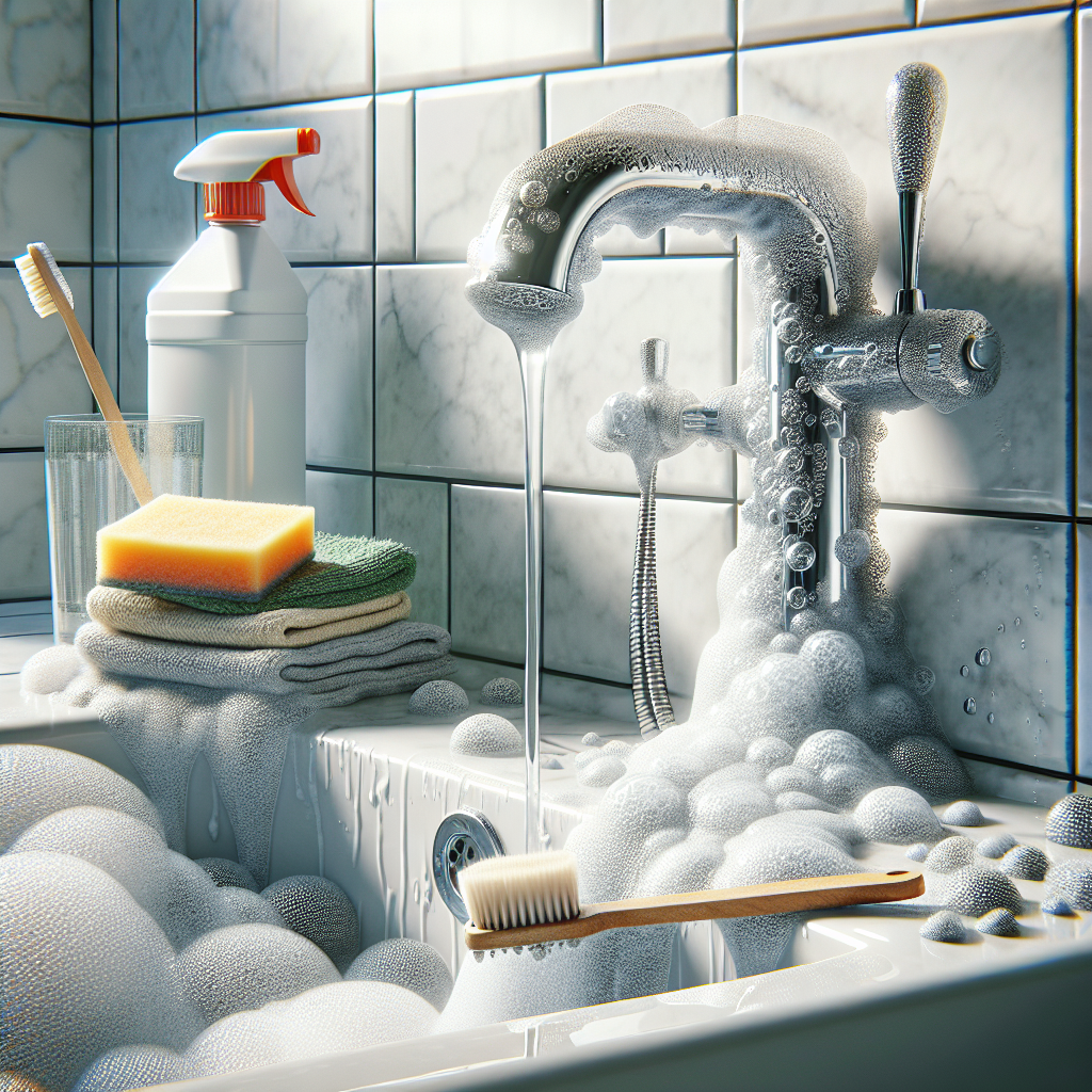 A bathroom scene illustrating the process of scaling in cleaning, with shiny tiles and cleaning tools.