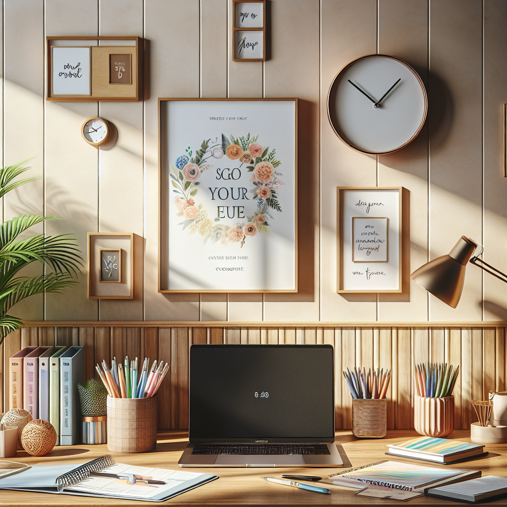 A serene and organized workspace with a wooden desk, laptop, and neatly arranged supplies.