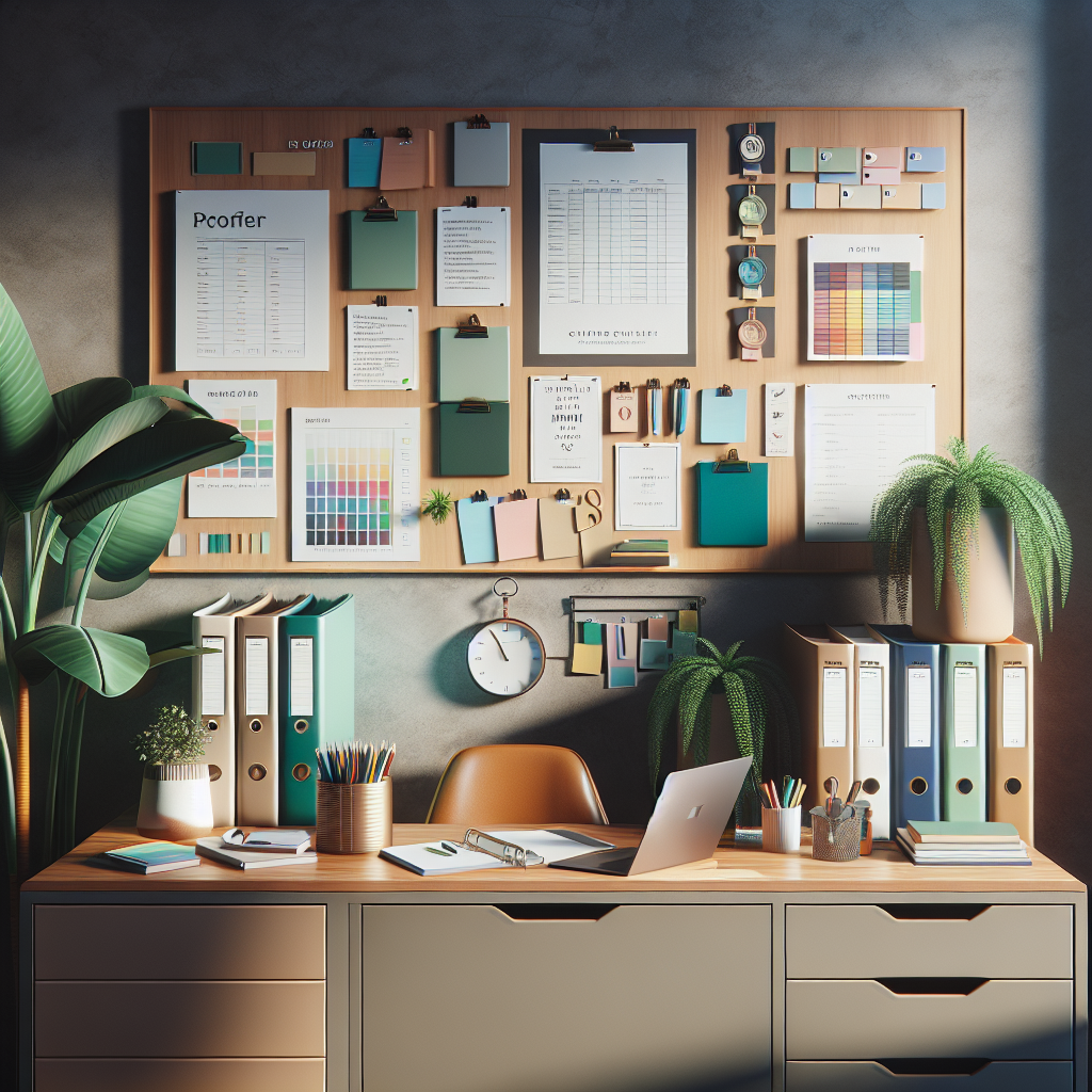 An organized workspace with a neat desk, document stacks, colorful binders, and potted plants.