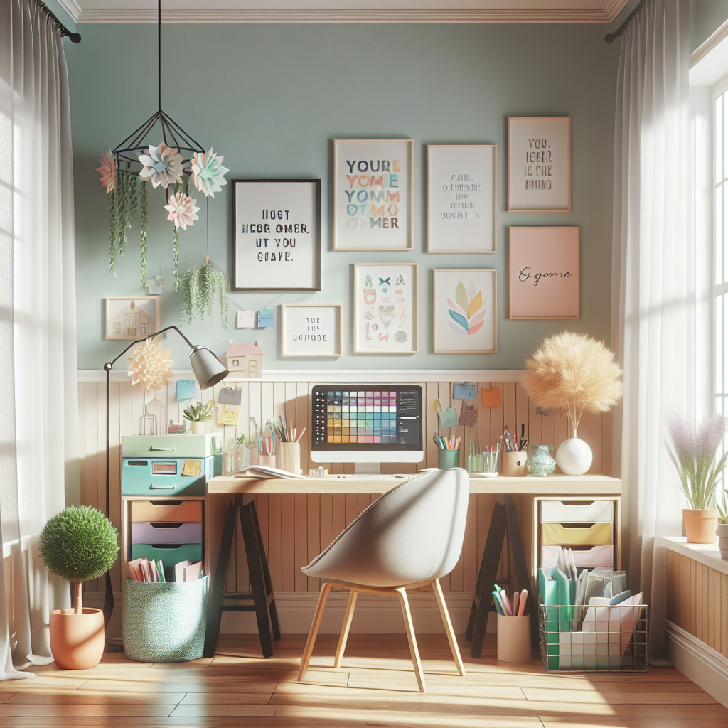 A cozy home office scene showcasing organized workspace for a professional organizer.