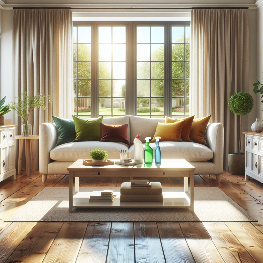 A cozy and clean suburban living room with natural light and eco-friendly cleaning products.