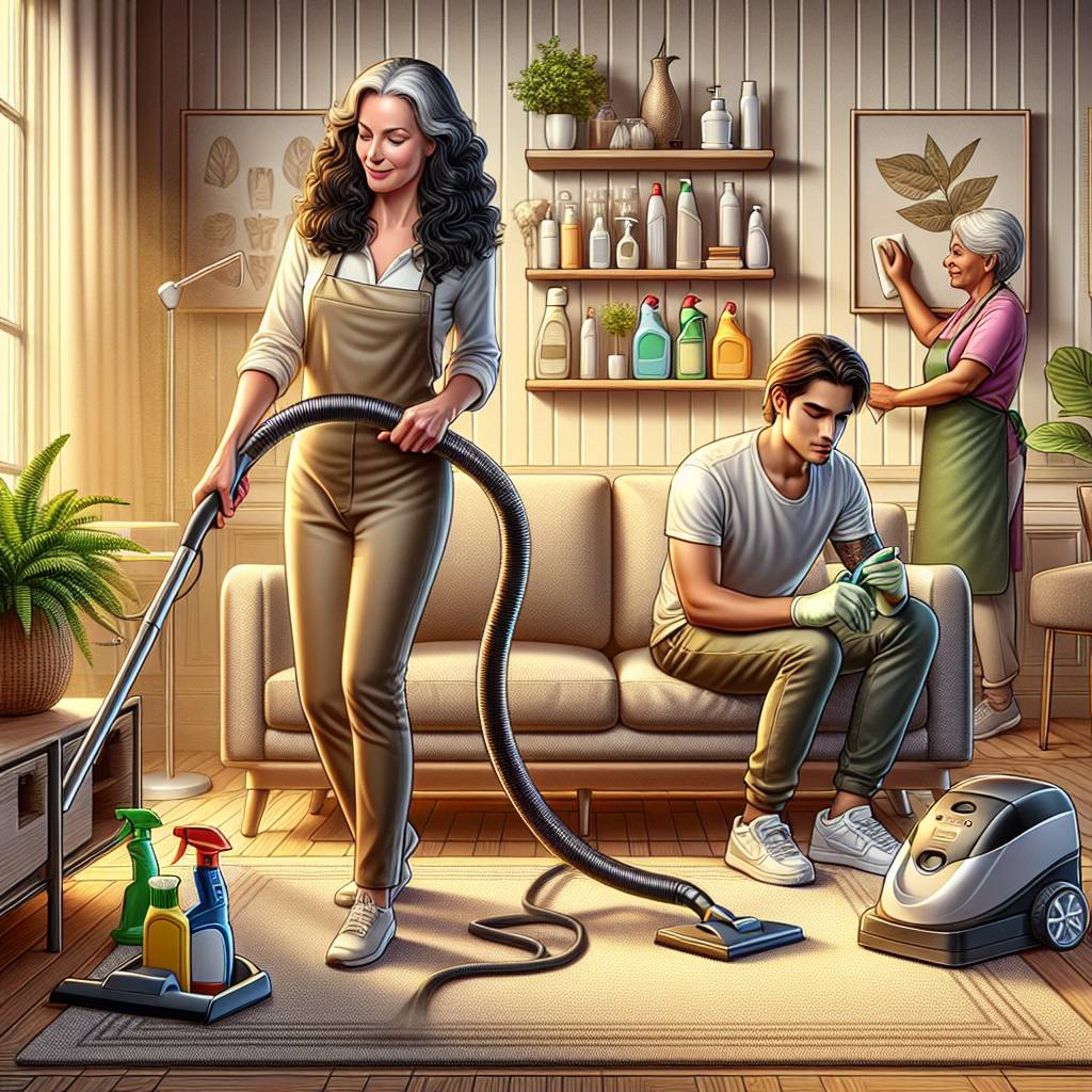 A professional house cleaning service team working in a modern home.