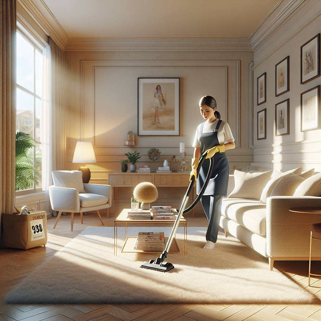 A woman vacuuming in a clean, bright living room.