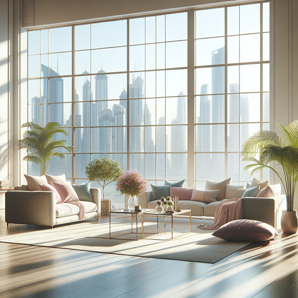 A clean and inviting living room in Abu Dhabi with sunlight streaming in.