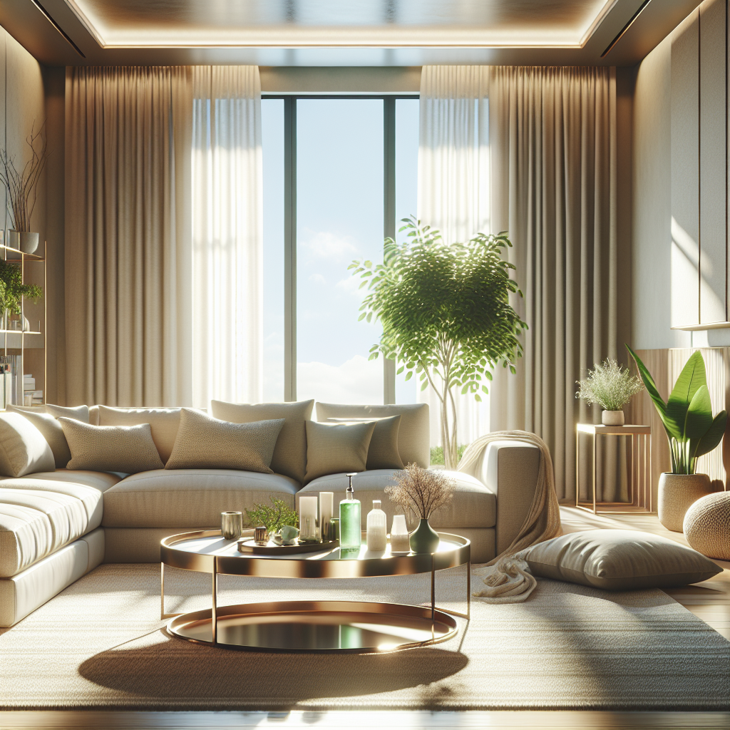 A clean and inviting modern living room in Abu Dhabi with sunlight, a plush sofa, and eco-friendly cleaning products.
