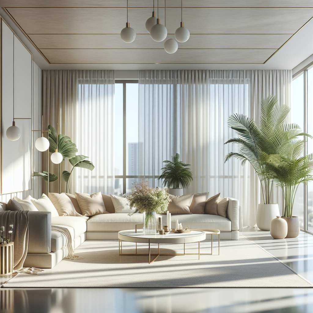 A modern living room in an Abu Dhabi home, featuring clean lines, bright sunlight, and elegant furniture.