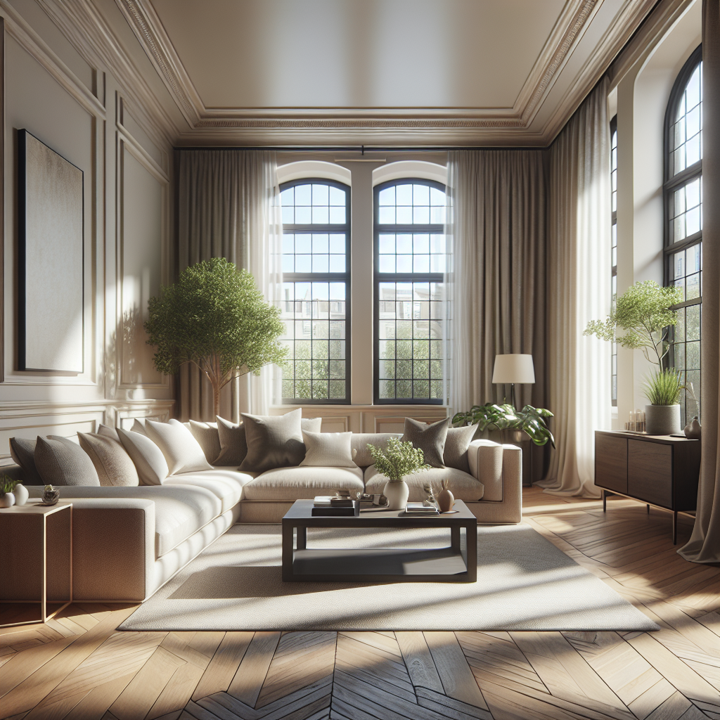 A clean and organized living room with natural lighting and modern furniture.