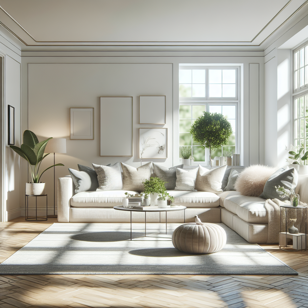 A clean and organized living room with a sofa, coffee table, and natural lighting.