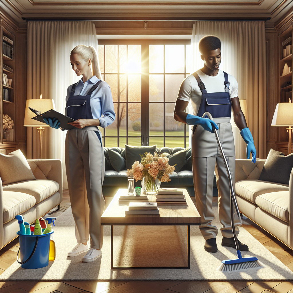 Professional cleaners in a bright living room using eco-friendly products.