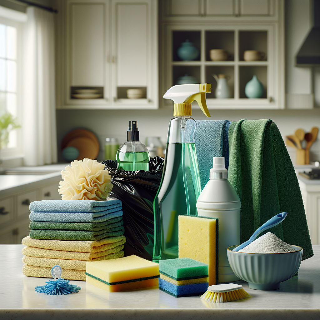 Essential kitchen cleaning supplies including spray cleaner, microfiber cloths, sponges, baking soda, vinegar, and trash bags.