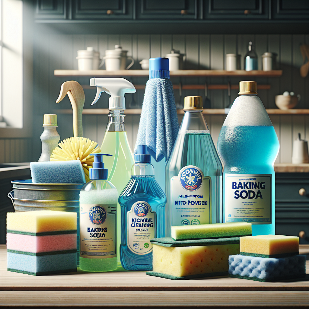 An organized display of kitchen cleaning supplies including bottles, cloths, and sponges.