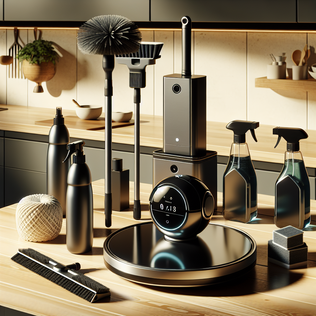 An array of modern home cleaning gadgets including a robotic vacuum, smart mop, eco-friendly cleaning sprays, and a multi-functional cleaning cloth on a minimalist kitchen counter.