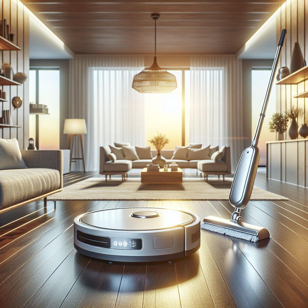 An array of modern home cleaning gadgets including a robotic vacuum and a smart mop in a bright living room.