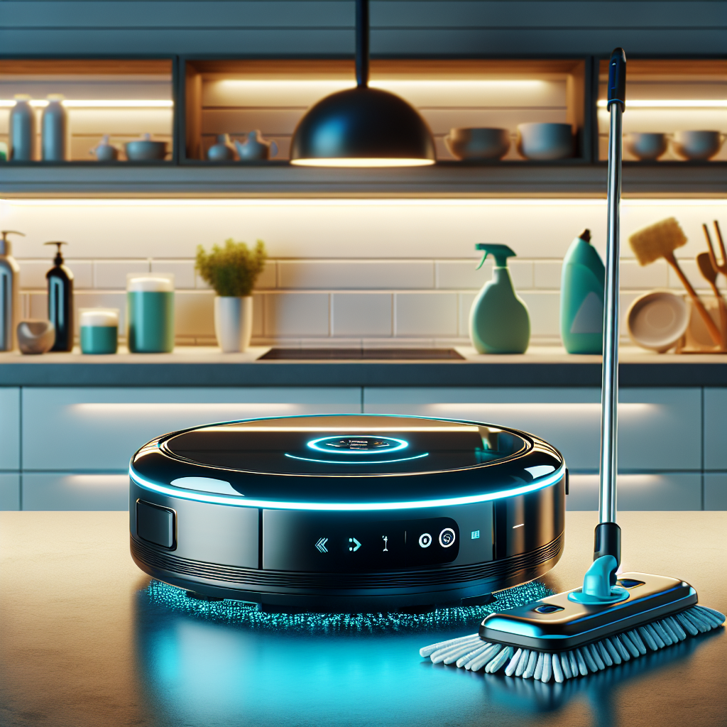 An arrangement of modern home cleaning gadgets on a countertop.