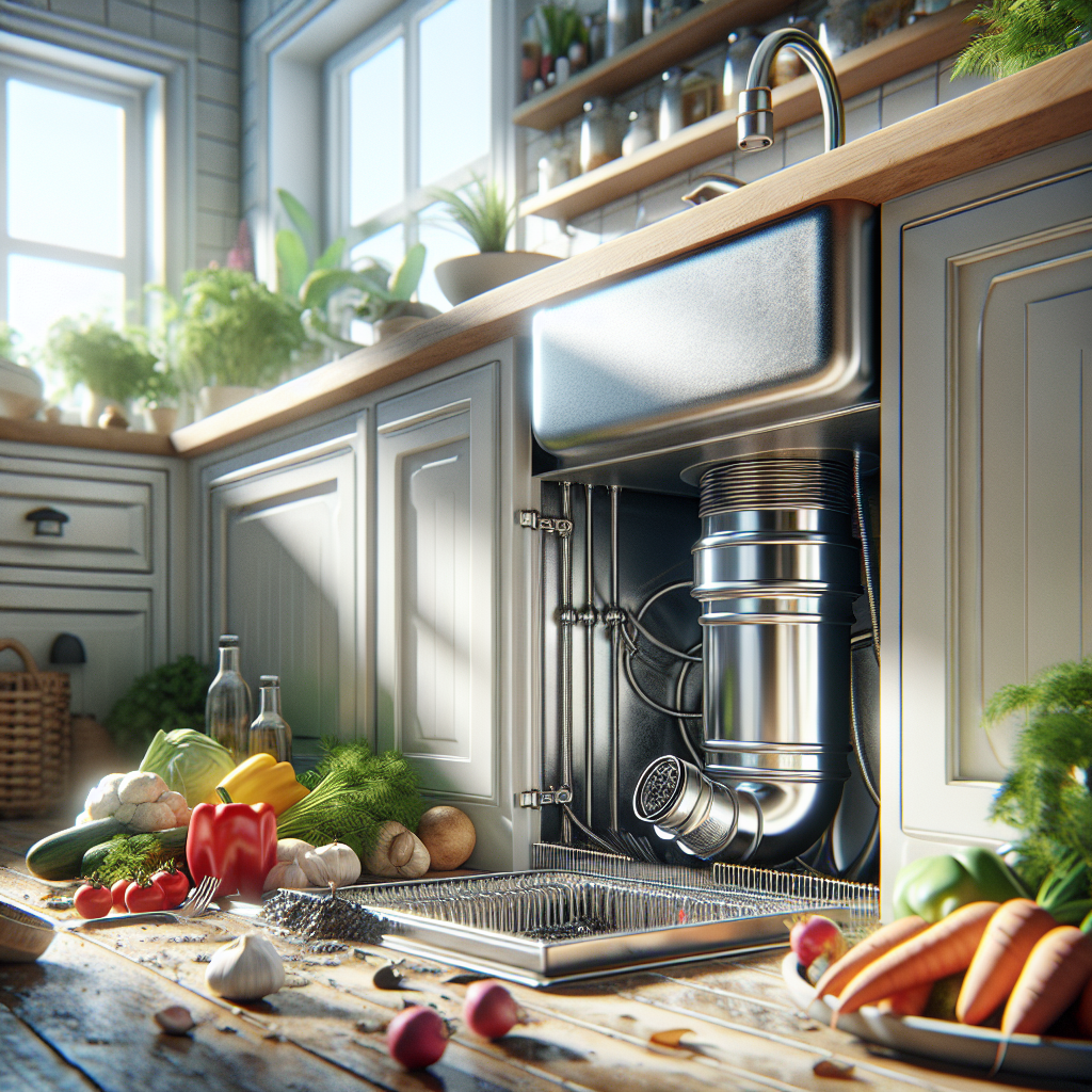 A clean garbage disposal system under a kitchen sink with fresh vegetables above.