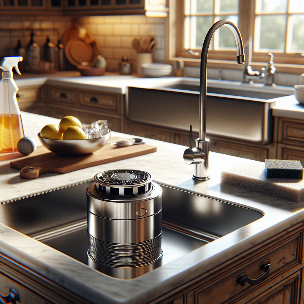 A clean kitchen countertop with a modern garbage disposal and cleaning supplies.