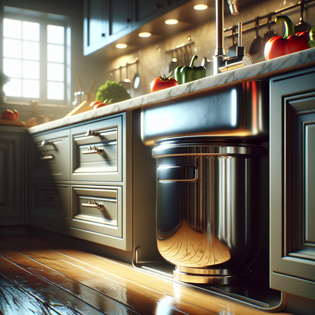A clean garbage disposal unit under a stainless steel sink in a tidy kitchen.
