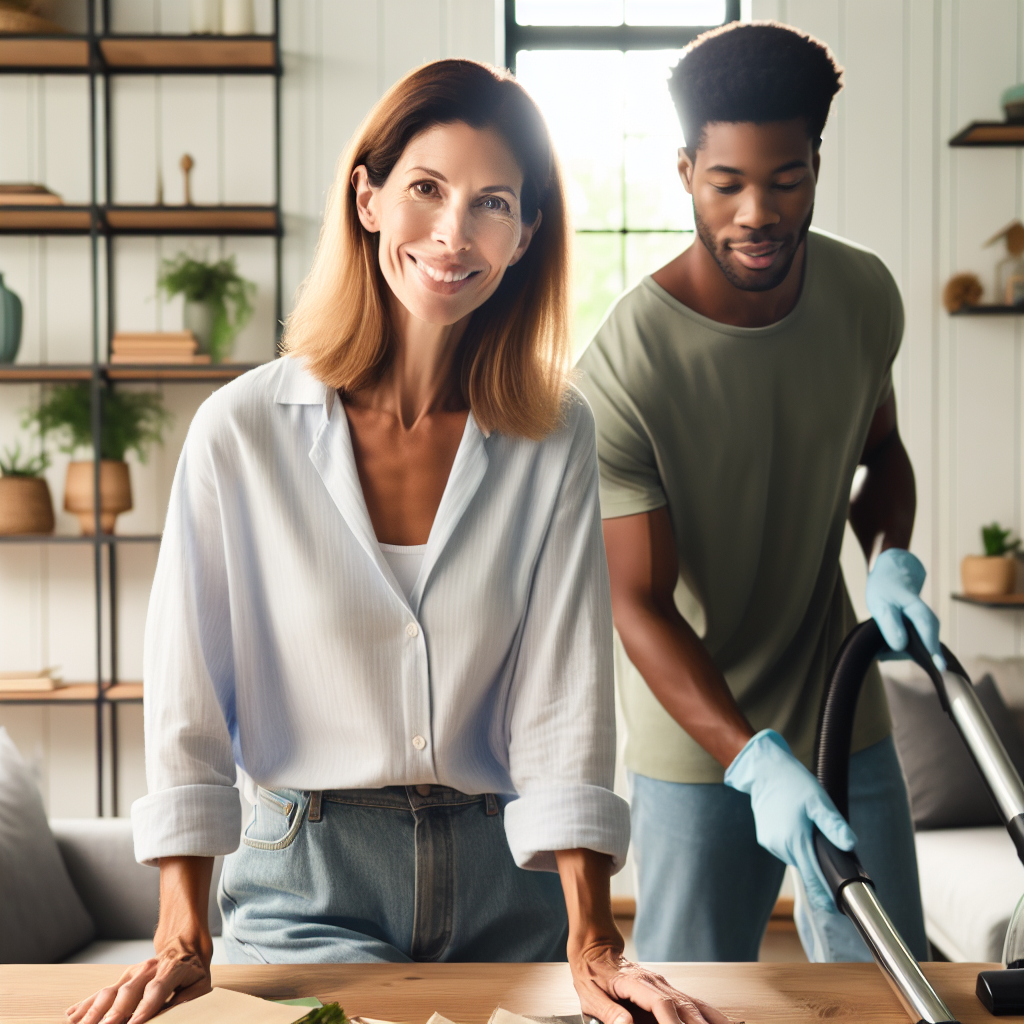 A professional organizer and cleaner working in a bright modern home setting.