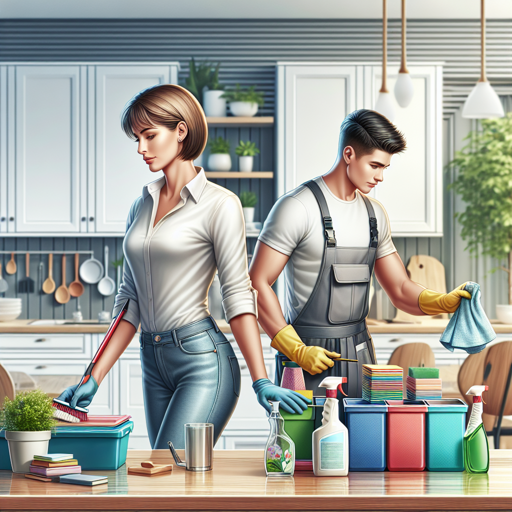 A professional organizer and cleaner working in a tidy kitchen.