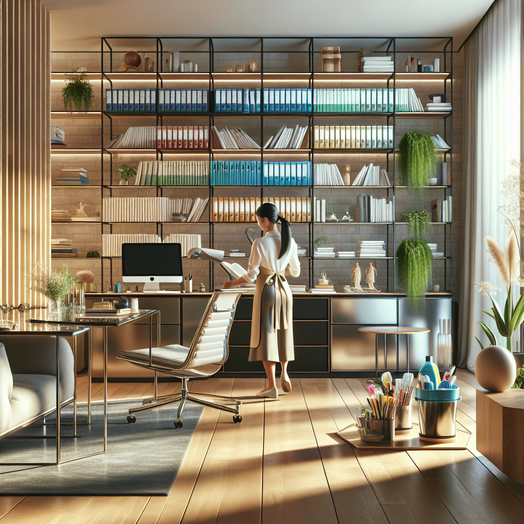 A well-organized and clean home office with a professional organizer and cleaner at work.