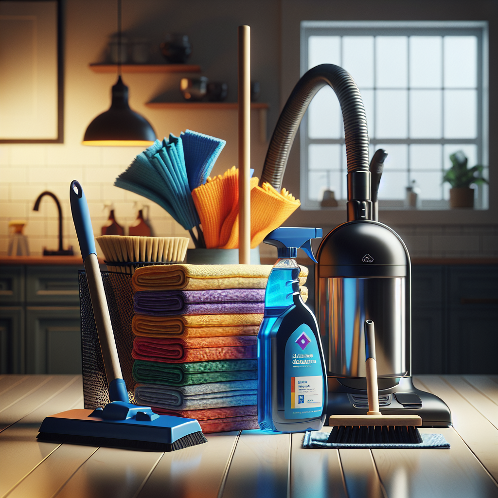 An arrangement of essential cleaning materials including a cleaner bottle, microfiber cloths, a broom and dustpan, a vacuum cleaner, and trash bags in a tidy kitchen.