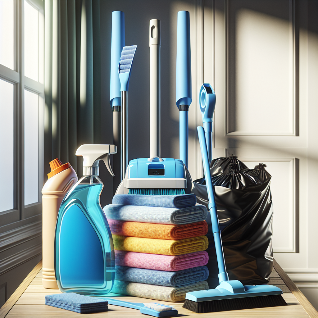 A collection of essential cleaning materials including a bottle of all-purpose cleaner, microfiber cloths, broom and dustpan, vacuum cleaner, and trash bags on a wooden table.