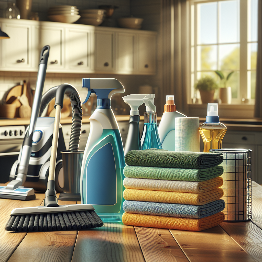 A display of essential cleaning materials in a tidy kitchen setting.