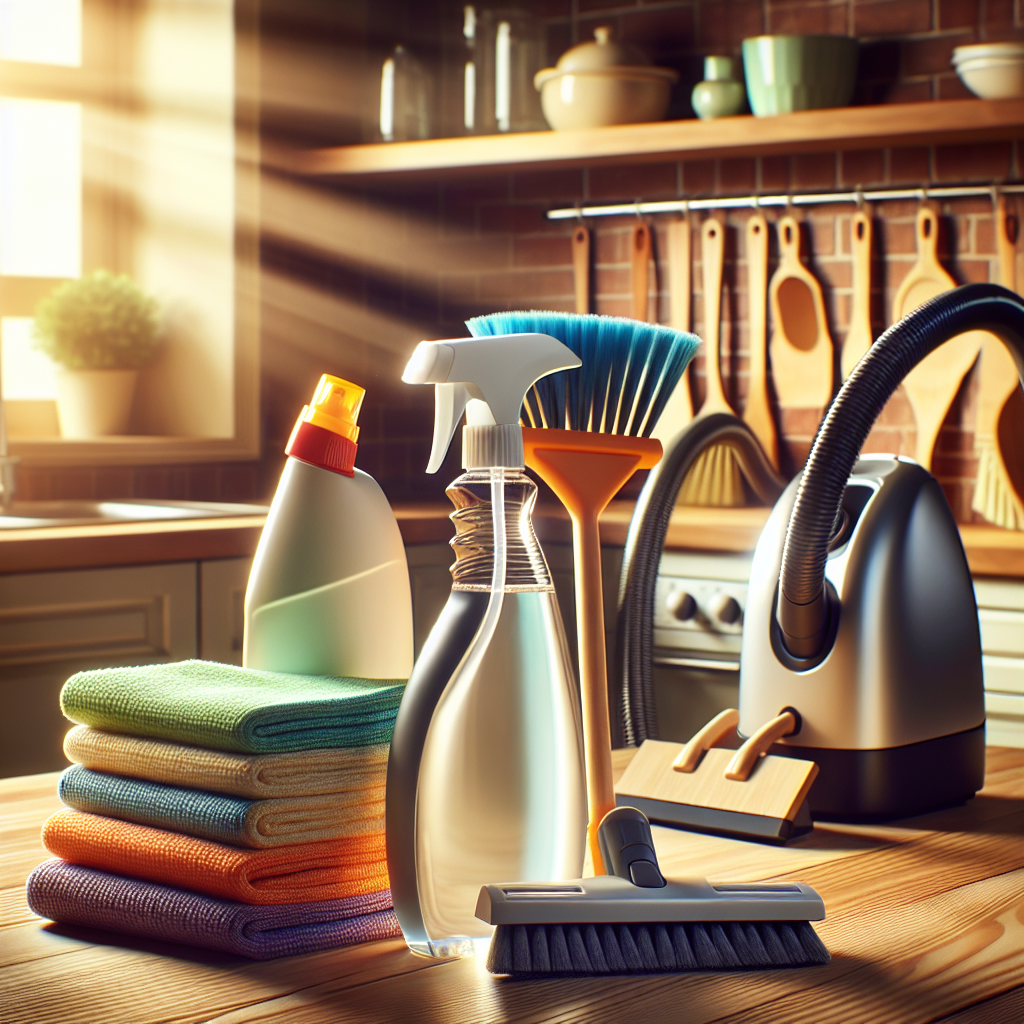 A cleaning station in a bright kitchen with various cleaning supplies.