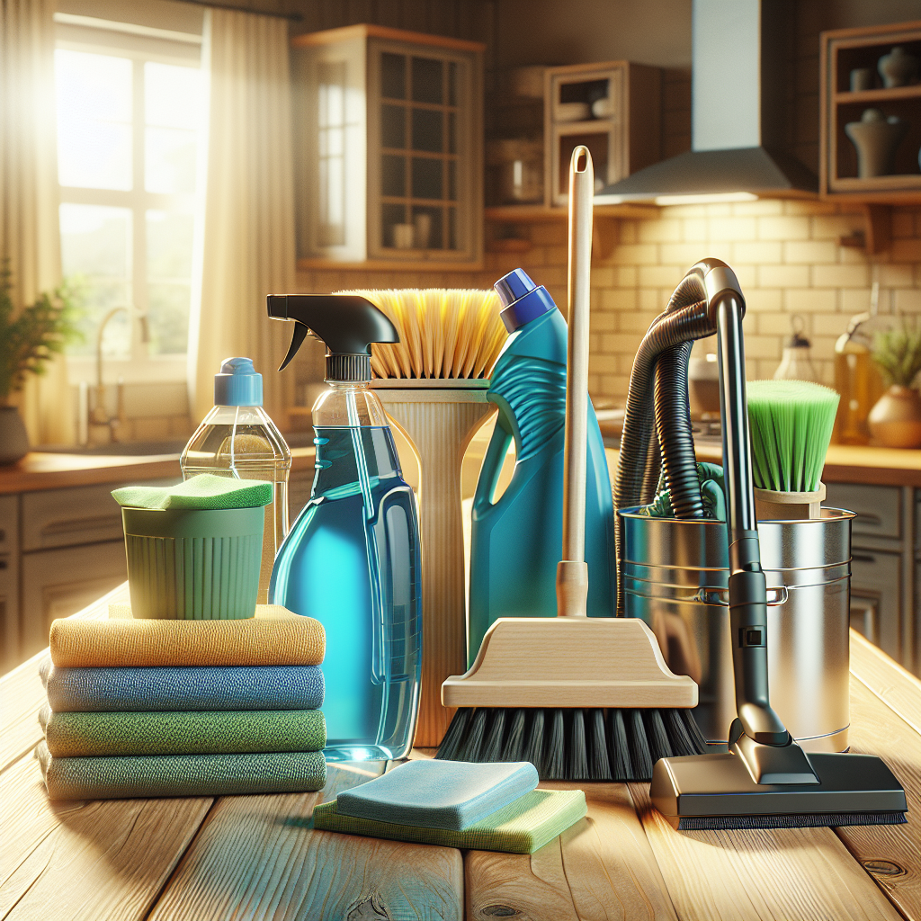 An assortment of cleaning supplies displayed on a kitchen counter.