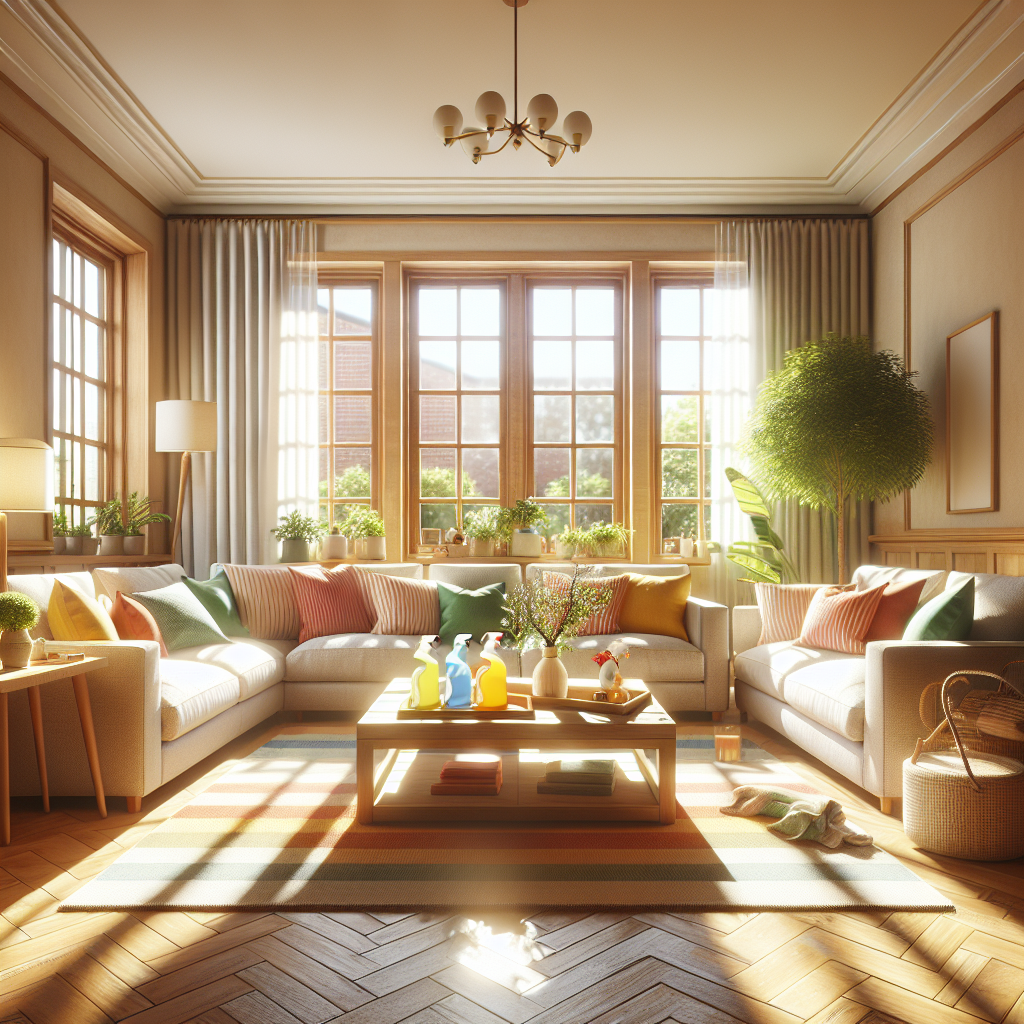 A cozy living room with bright sunlight, showcasing cleanliness and organization.