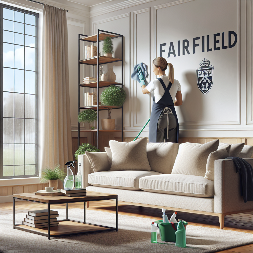 A professional cleaner in a modern living room cleaning with eco-friendly products.