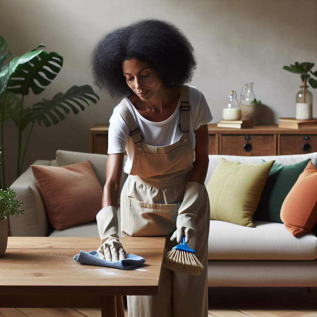 A house cleaner dusting a wooden table in a cozy living room.