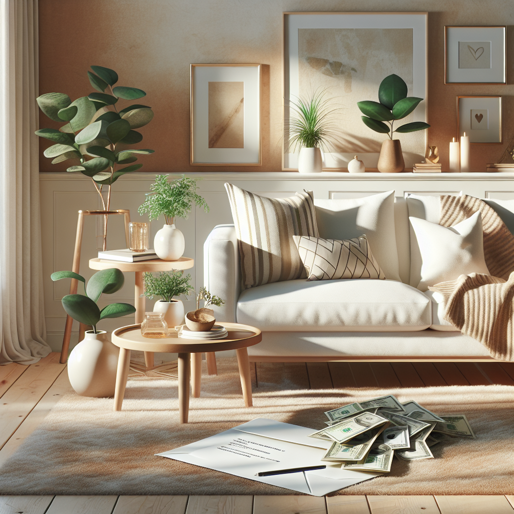 A cozy living room with a hint of cash representing a tip for house cleaning service.
