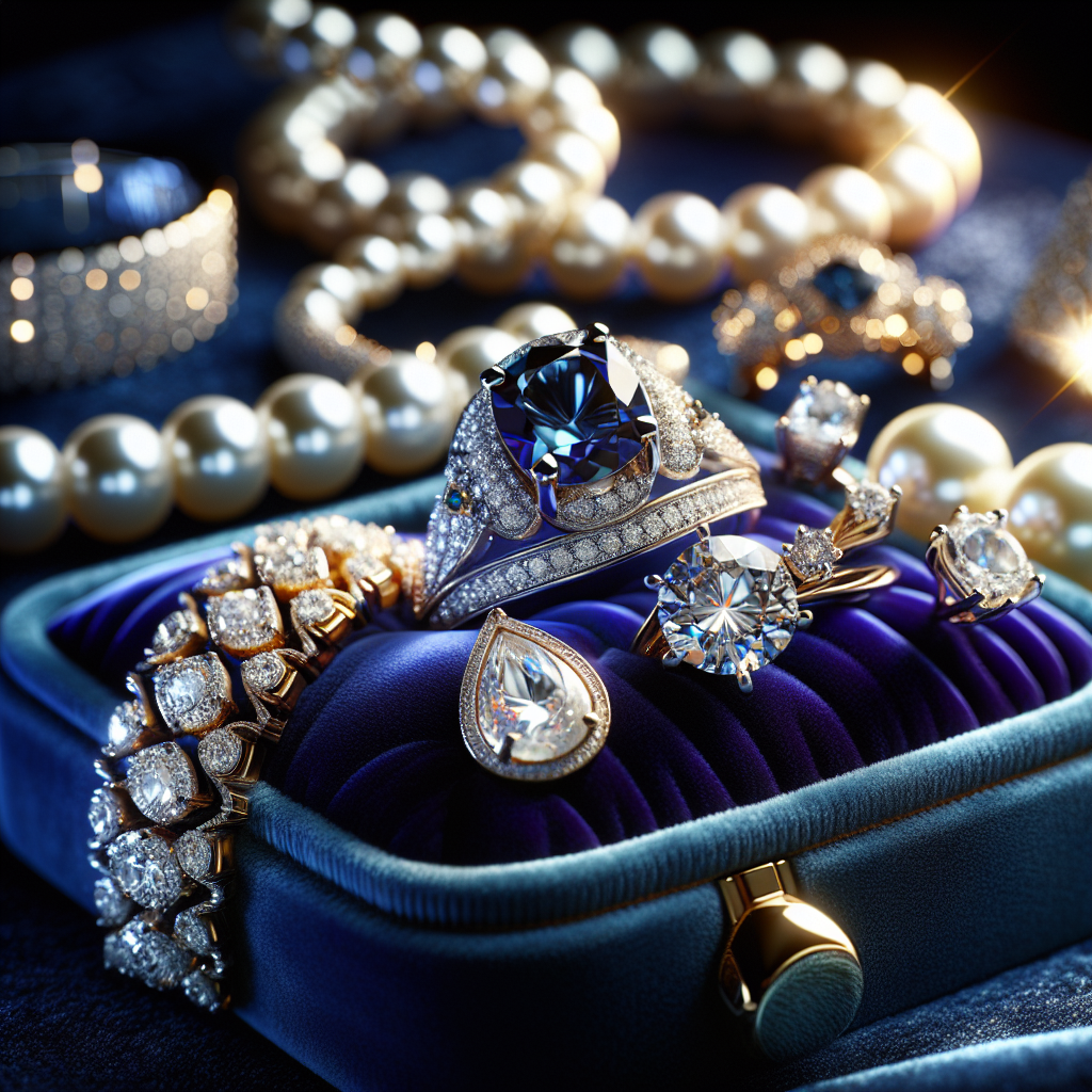 An elegant assortment of fine jewelry displayed on royal blue velvet with sparkling diamonds and pearls.