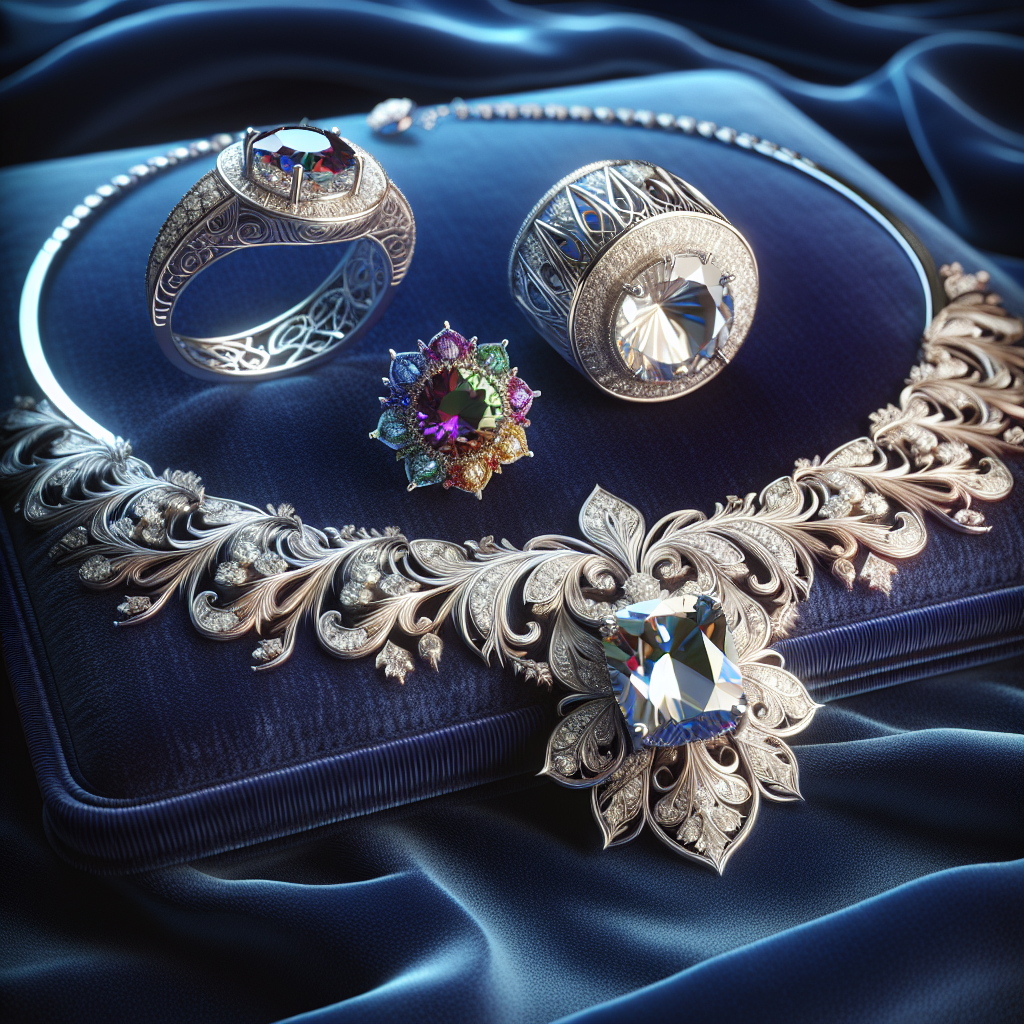 A collection of fine jewelry including a silver necklace, diamond ring, and gemstone earrings on a velvet surface.