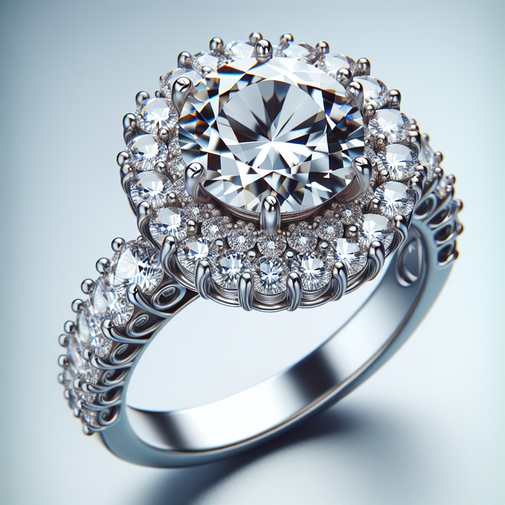 A close-up of a sparkling diamond ring on a neutral background.