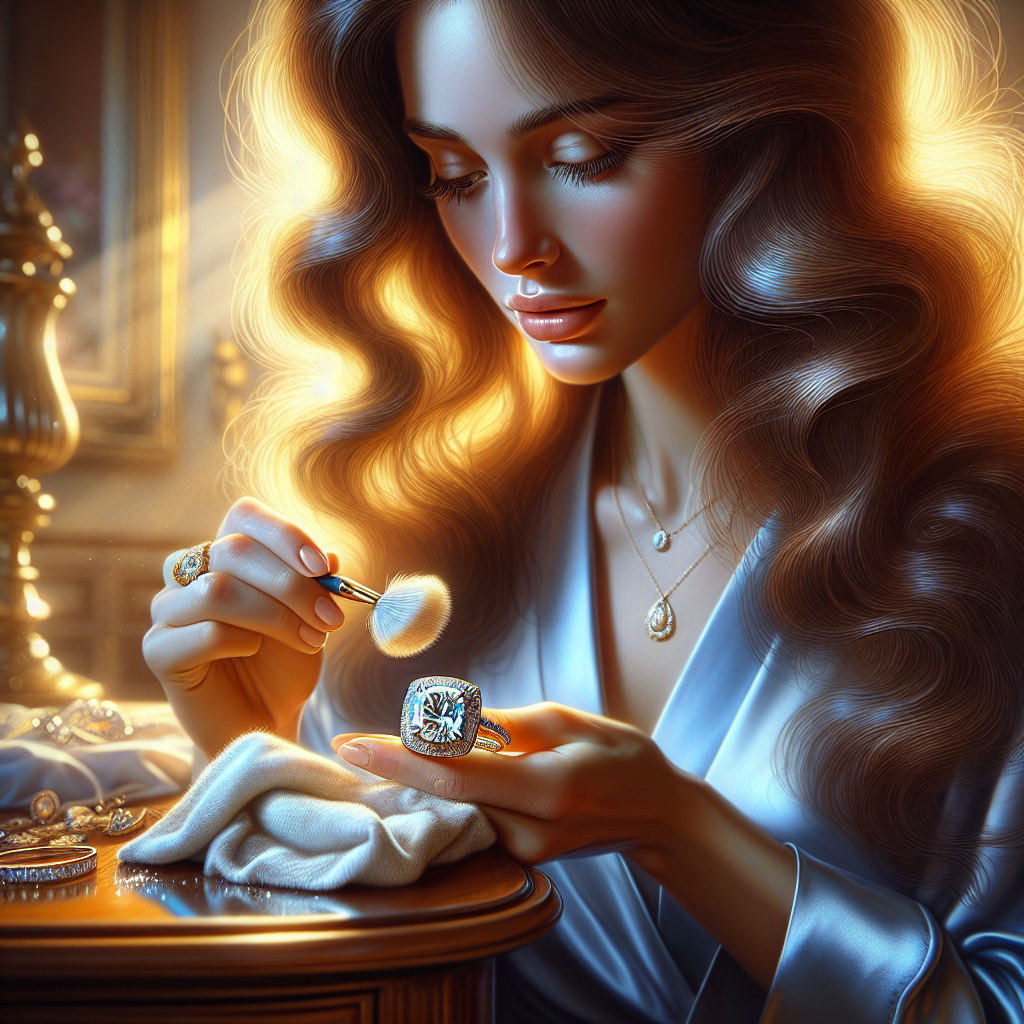 A woman cleaning a diamond ring, showcasing the jewelry's beauty and detail.