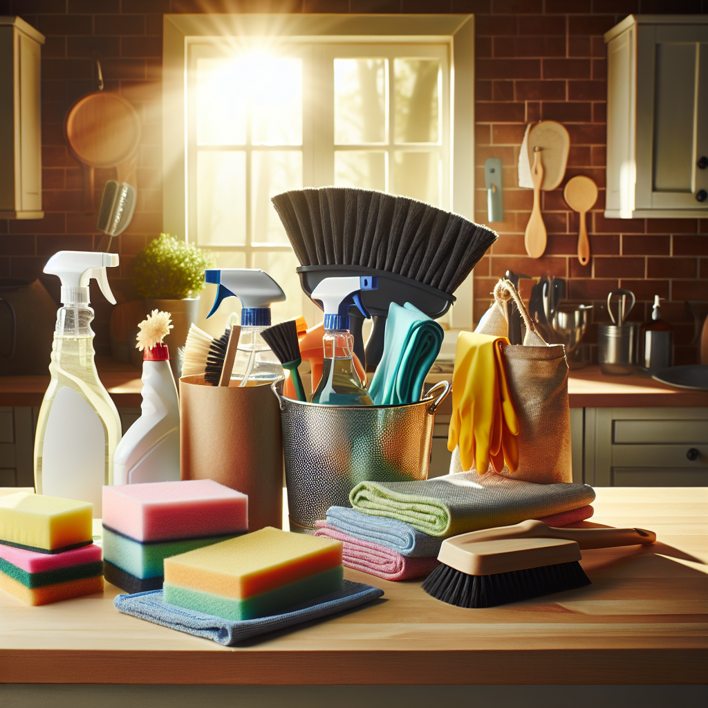 Essential cleaning supplies arranged on a kitchen countertop.