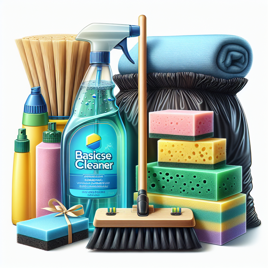 A variety of basic cleaning supplies including a cleaner bottle, microfiber cloth, broom, trash bag, sponge, and scrubber.