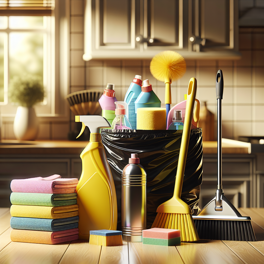 An arrangement of essential cleaning supplies on a wooden table.