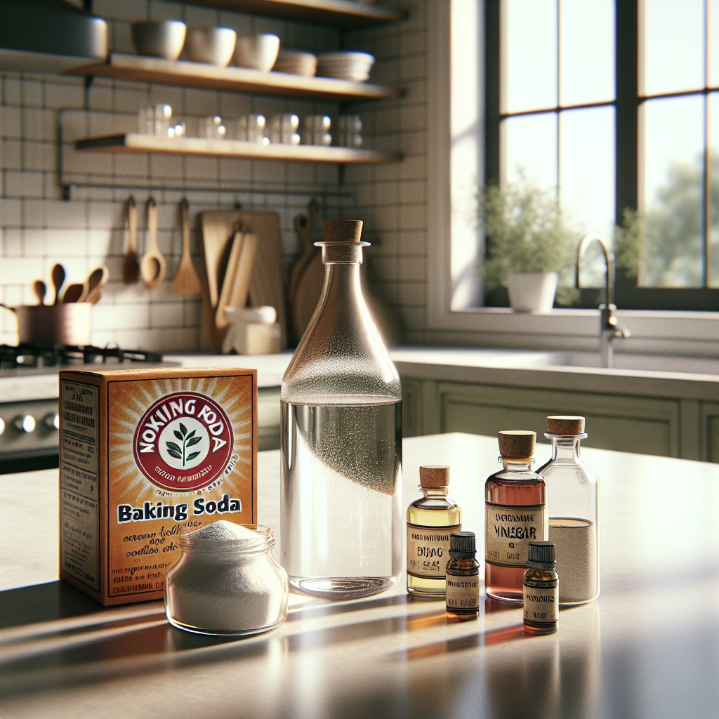 A kitchen scene with natural cleaning ingredients: vinegar, baking soda, and essential oils on a countertop.