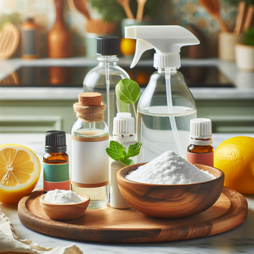 Home remedy cleaning products arranged on a kitchen countertop.