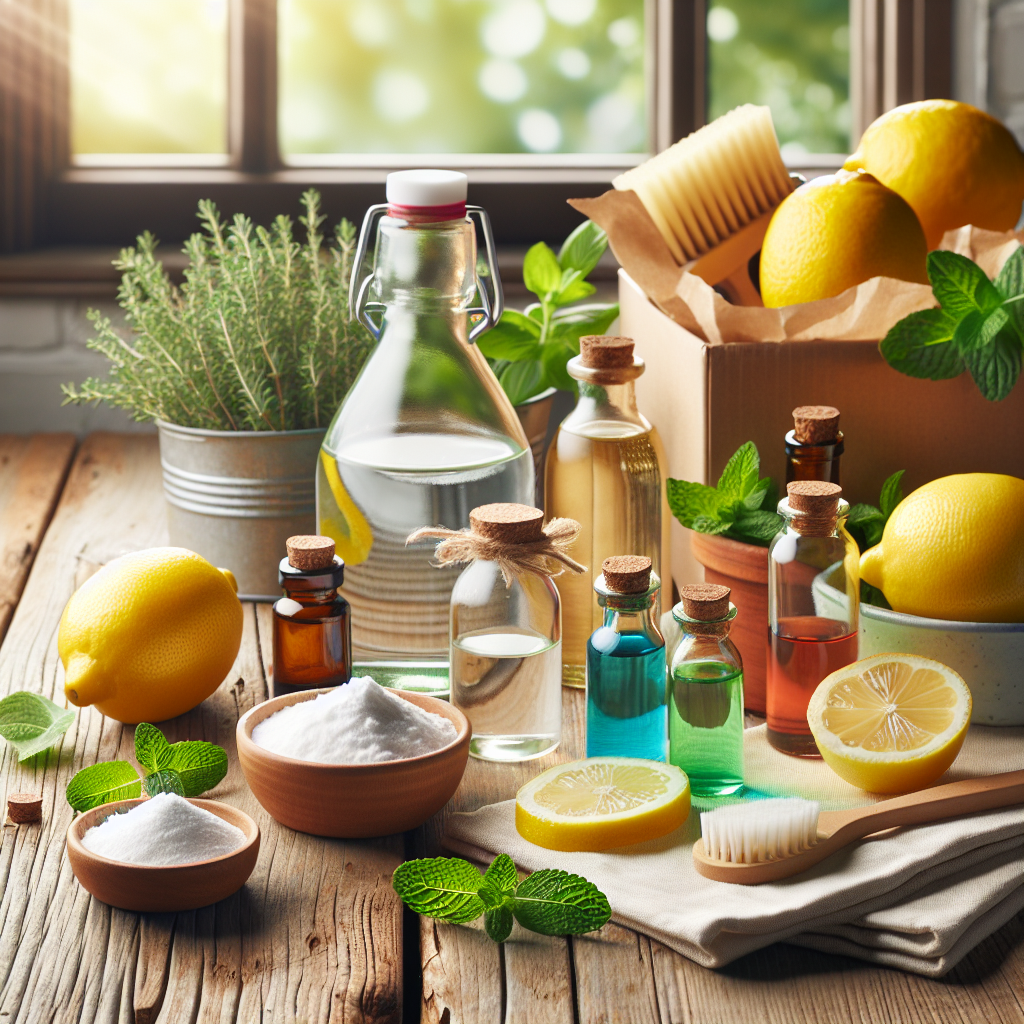 A variety of home remedy cleaning ingredients on a wooden table.