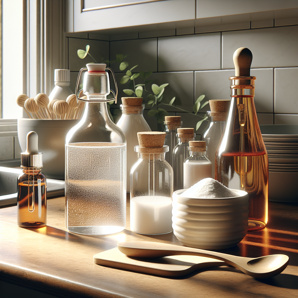 A kitchen counter with vinegar, baking soda, and essential oils displayed.