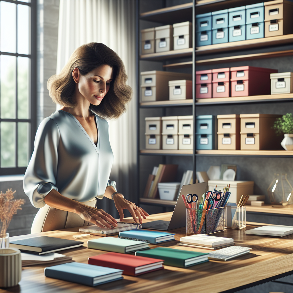 A professional organizer sorting through items in a bright home office.