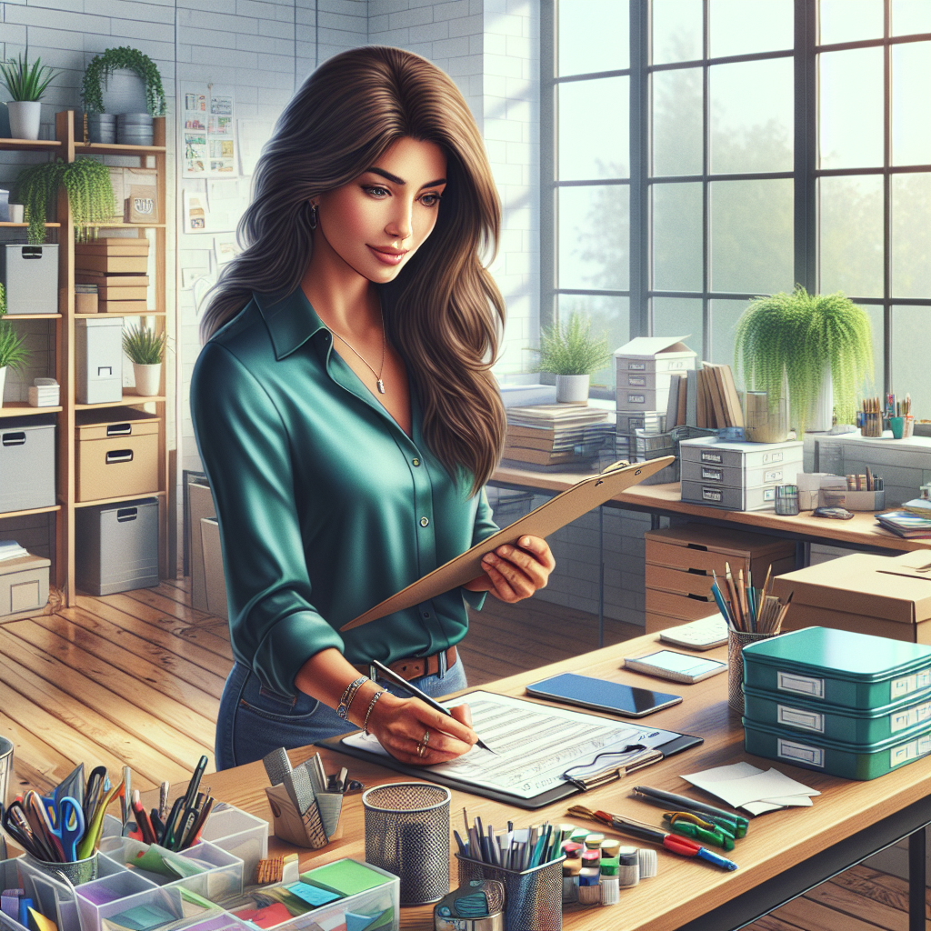 A professional organizer assessing a cluttered office space while holding a clipboard.