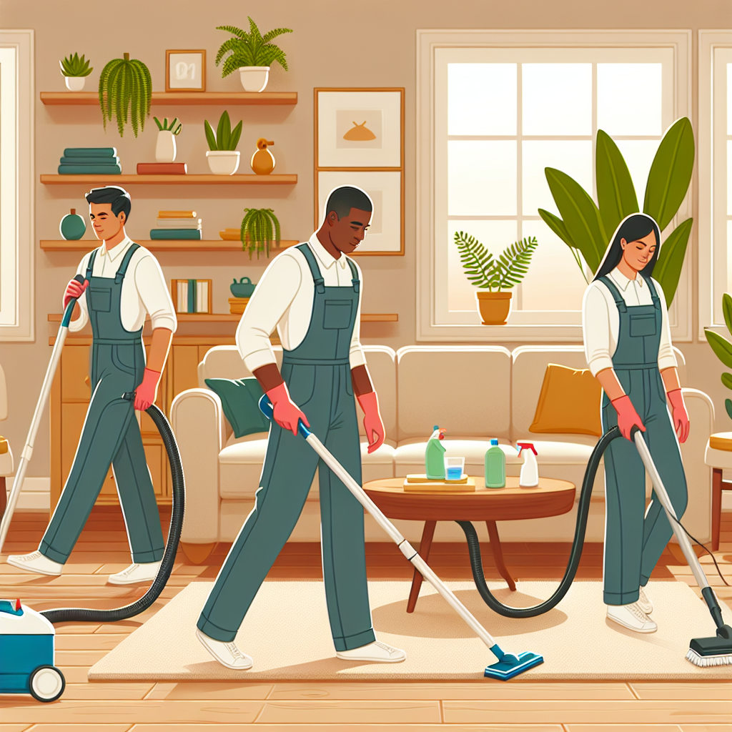 A professional house cleaning service team working in a cozy living room.