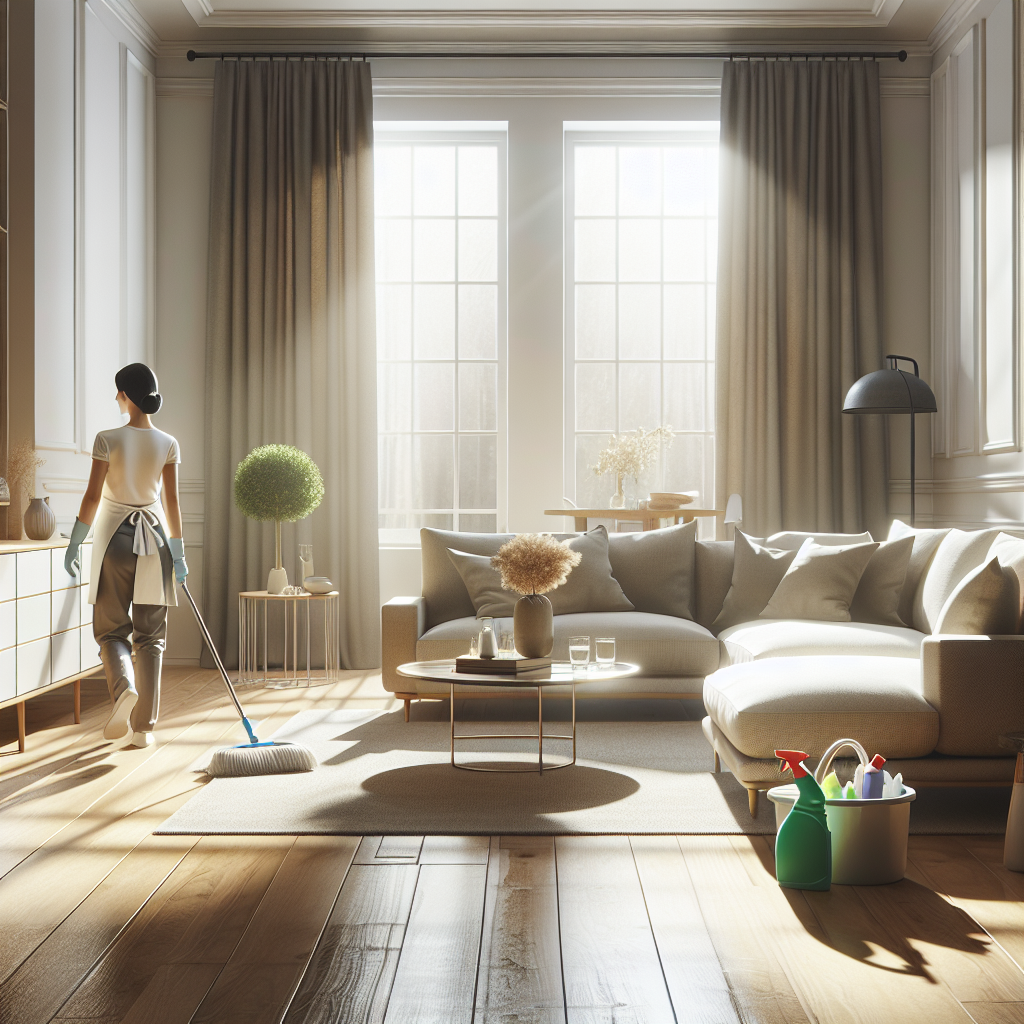 A clean and inviting living room with a professional cleaner in action.